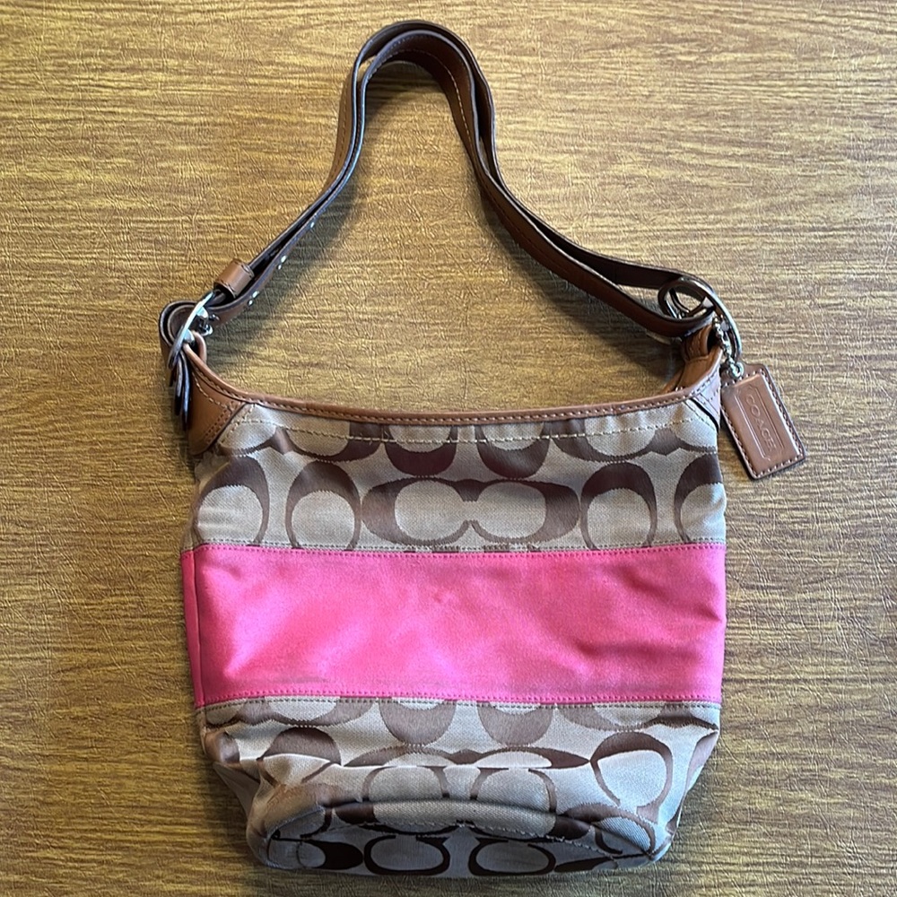 Coach Brown Signature Canvas Hobo with Pink Accent